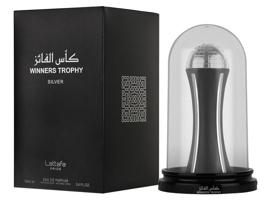 Lattafa Pride Winners Trophy Silver 3.4 EDP for Men – Bold Arabic fragrance with spicy, woody notes. Long-lasting masculine scent.