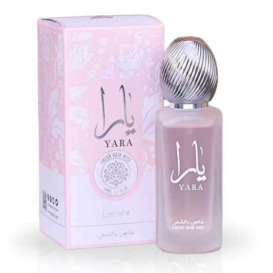 Lattafa Yara Hair Mist 1.7 – refreshing women’s fragrance mist in a sleek bottle, long lasting hair perfume with sweet floral fruity notes.