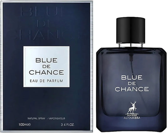 Maison Alhambra Blue De Chance 3.4 EDP M – modern men’s perfume in a sleek blue bottle, long-lasting Eau de Parfum with fresh woody aromatic notes.