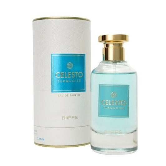 Riiffs Celesto Turquoise 3.4 EDP U – unisex perfume in a turquoise bottle, long lasting Eau de Parfum with fresh aquatic woody notes.