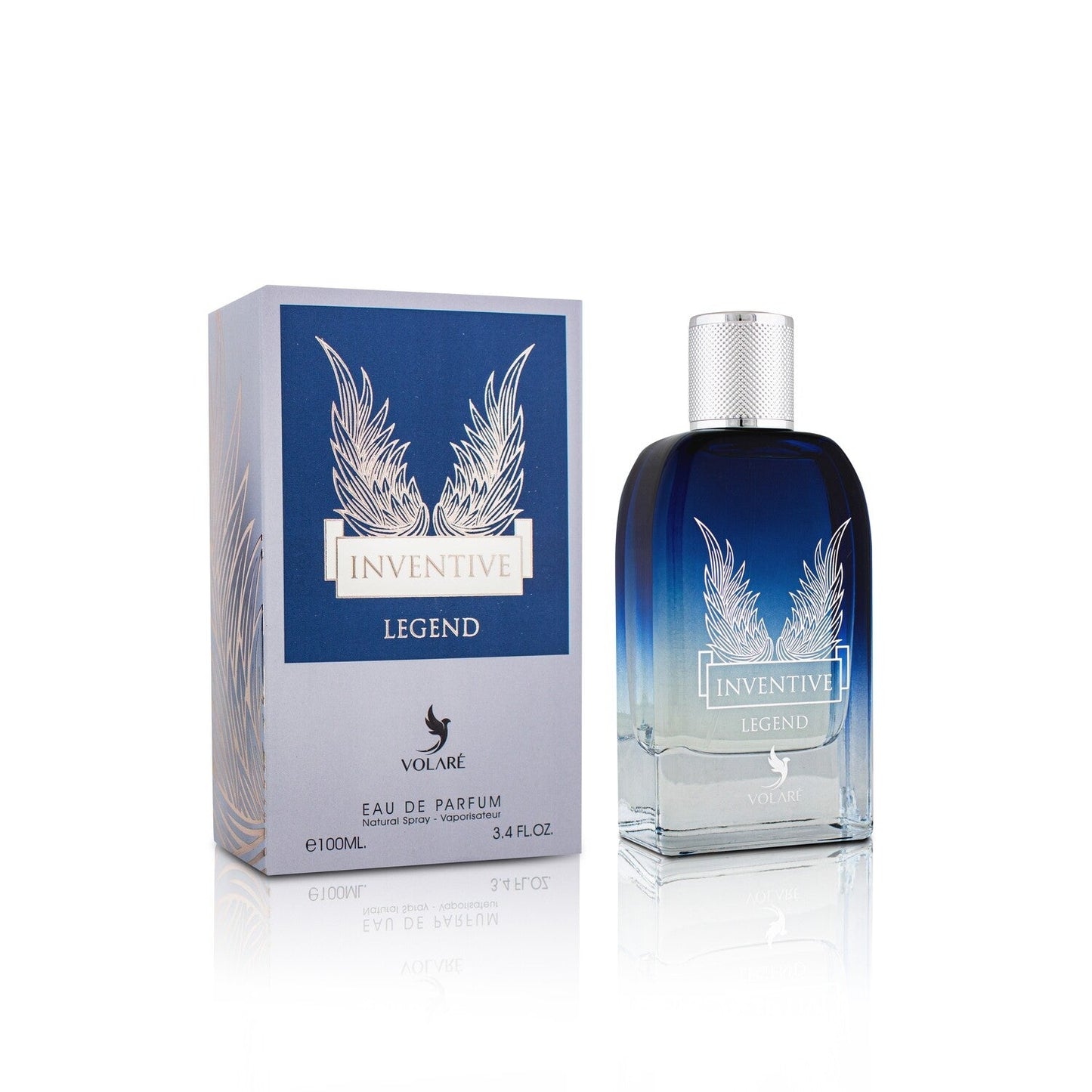 A bottle of Volaré Inventive Legend 3.4 Edp perfume for men alongside its packaging box.