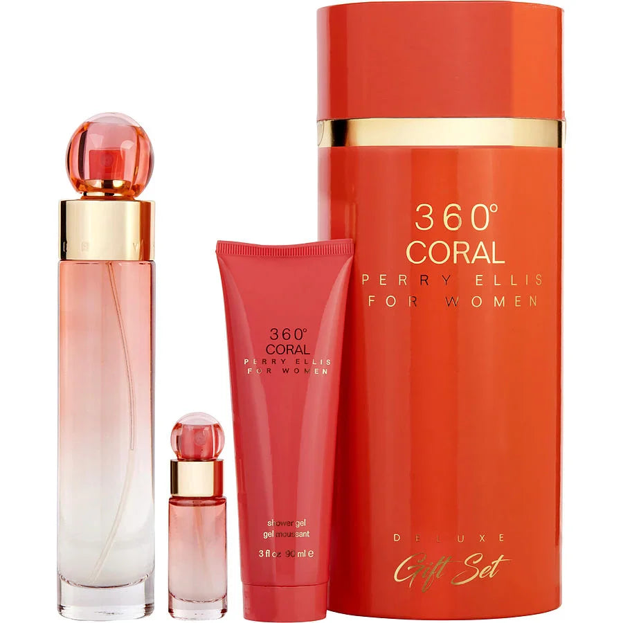 Perry Ellis 360 Coral Deluxe 3pc Gift Set 3.4oz EDP for women – fruity, vibrant fragrance in elegant packaging