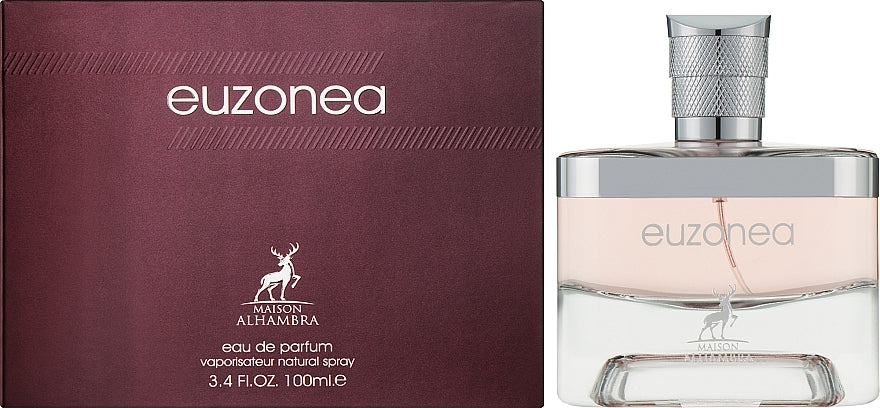 The image shows a square box with a brand name 'Euzonea' and an illustration of a horse, alongside a transparent bottle of the fragrance with a silver cap.