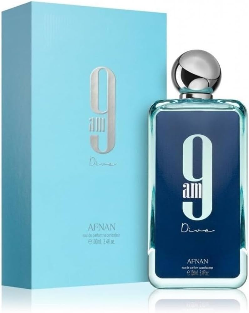 The image shows a bottle of Afnan 9am Dive Eau de Parfum, which is a men's fragrance. The bottle is tall and slender with a blue label and a metallic cap.