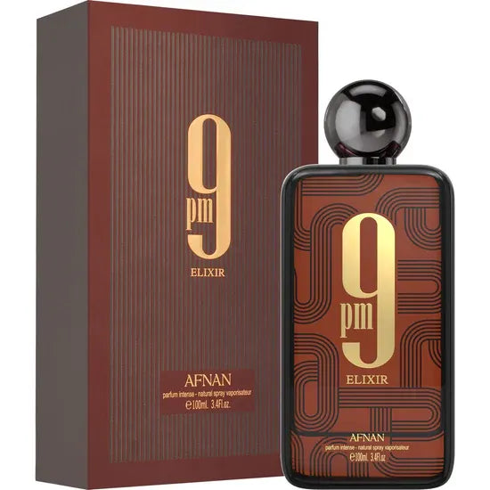 Afnan 9PM Elixir 3.4 oz Eau de Parfum unisex bottle, sweet warm vanilla amber fragrance for night wear