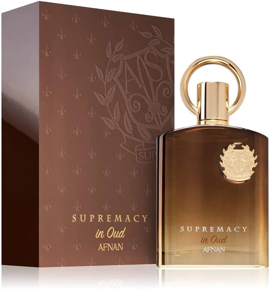 Afnan Supremacy in Oud perfume bottle and packaging on a white background