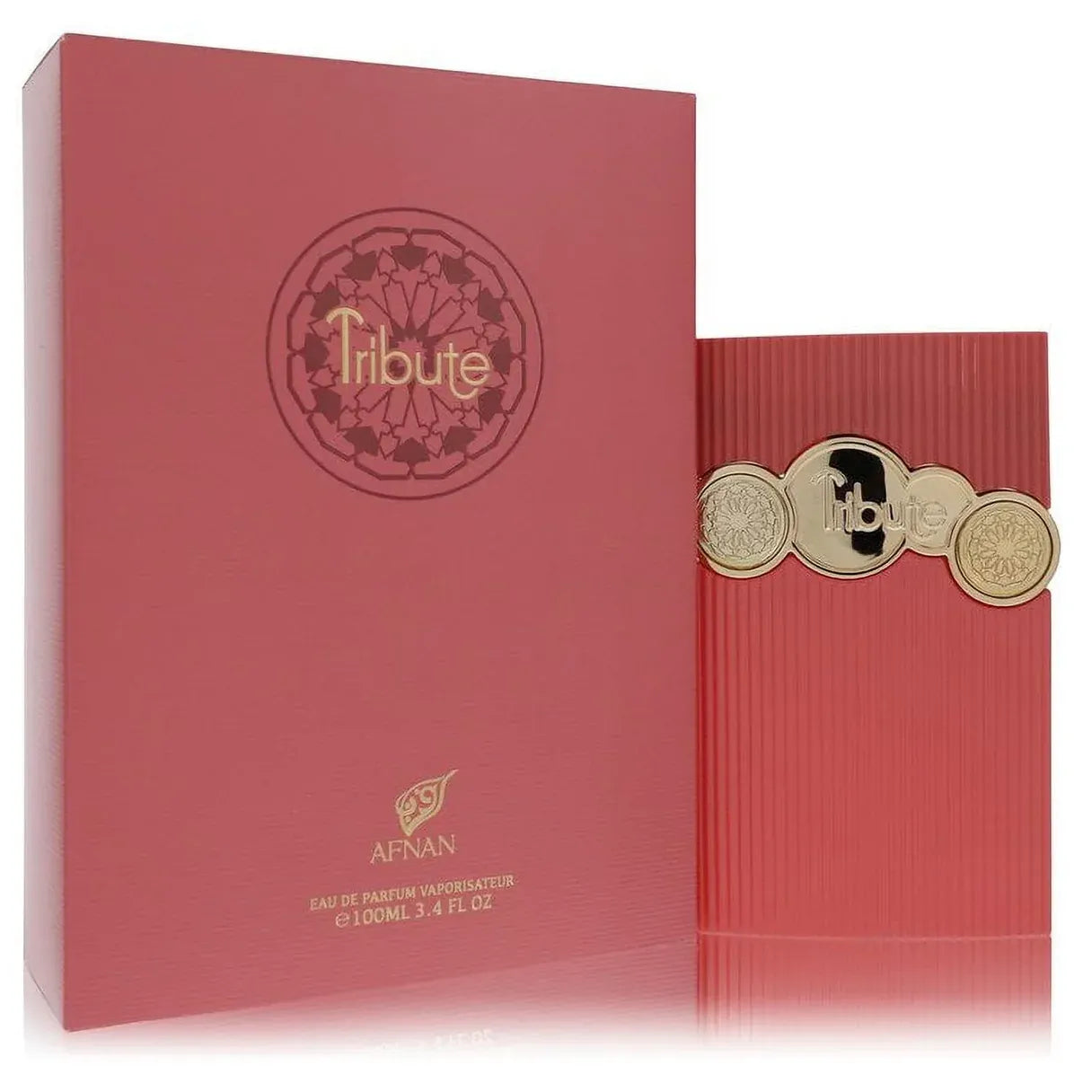 Red 'Tribute' perfume bottle and packaging with gold accents on a white background