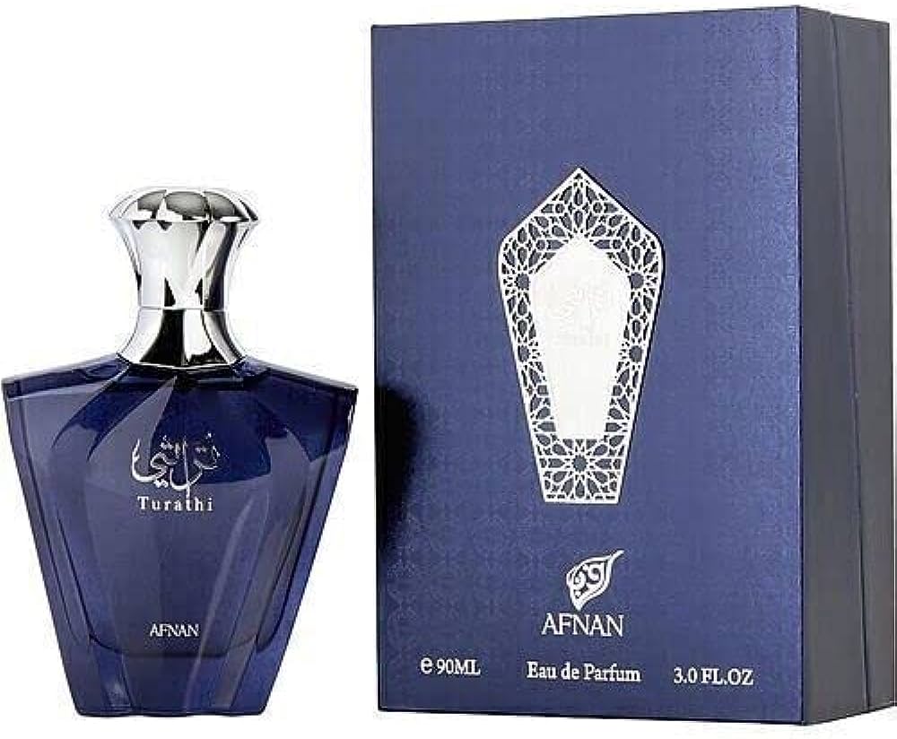 The image shows a blue bottle of Afnan Turathi Blue 3.0 Edp for men, alongside its packaging box with gold decorations.