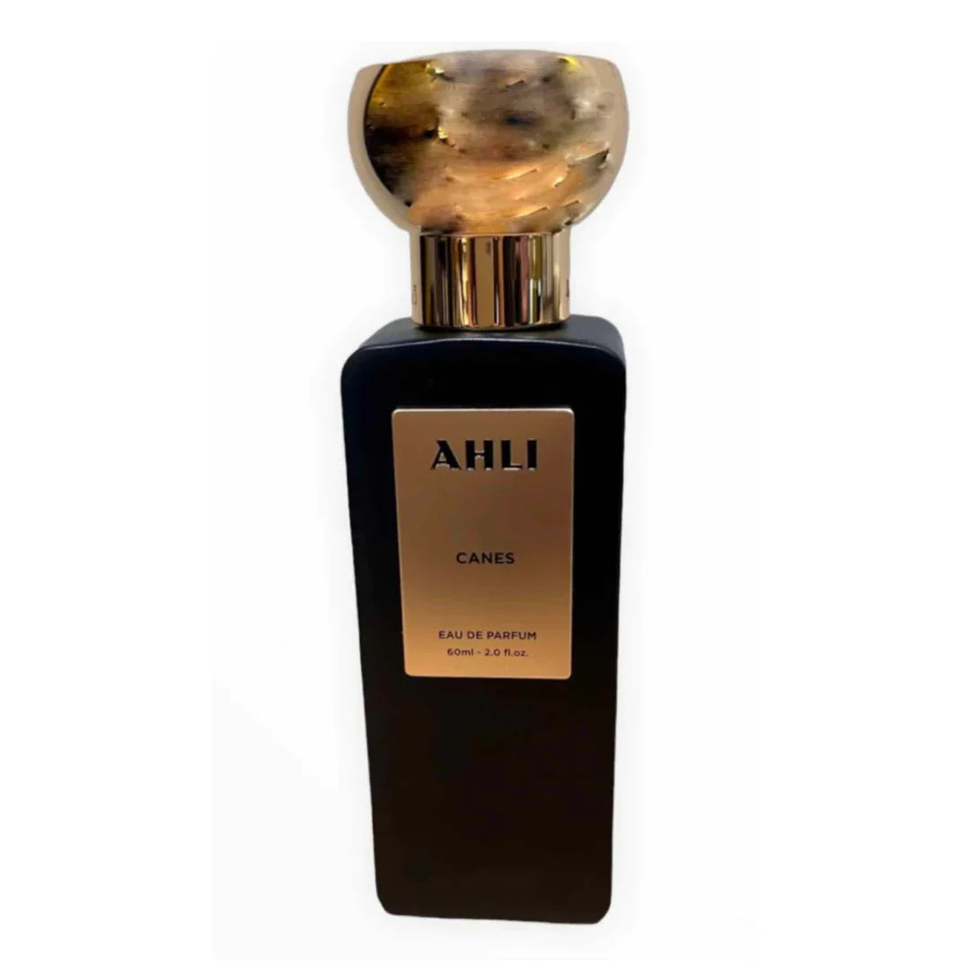 Black bottle of Ahli Canes 2.0 EDP with gold cap – Unisex Arabic perfume with woody notes, luxury long-lasting fragrance.