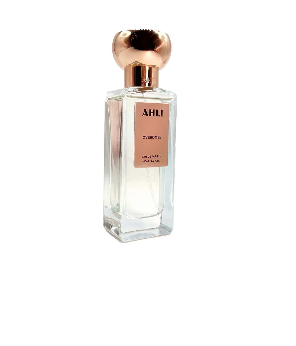 Ahli Overdose 2.0 EDP U – transparent glass perfume bottle with rose gold cap, long lasting unisex fragrance by Ahli.