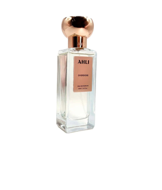 Ahli Overdose 2.0 EDP U – transparent glass perfume bottle with rose gold cap, long lasting unisex fragrance by Ahli.