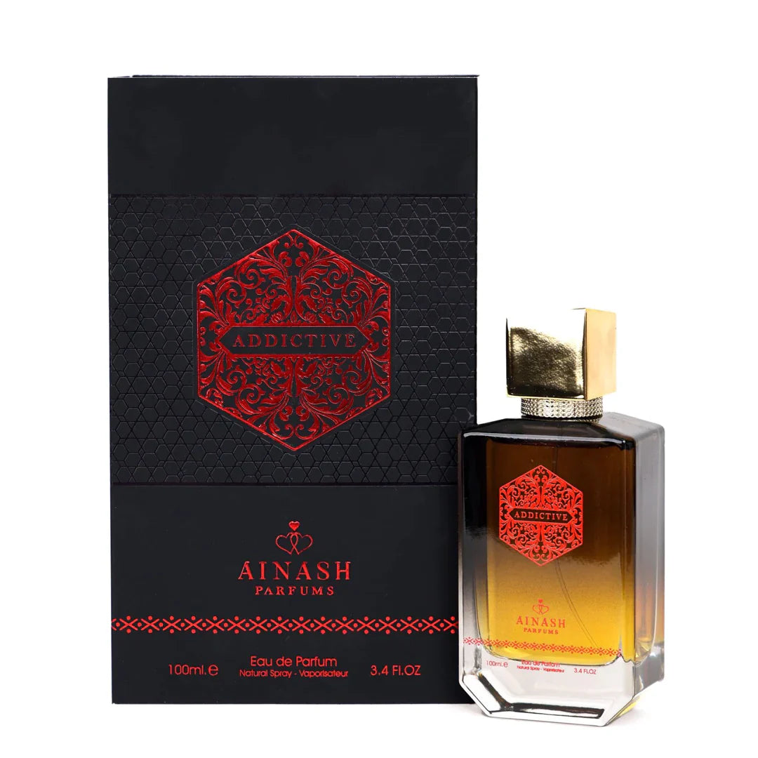Ainash Parfums Addictive perfume bottle and packaging on a white background