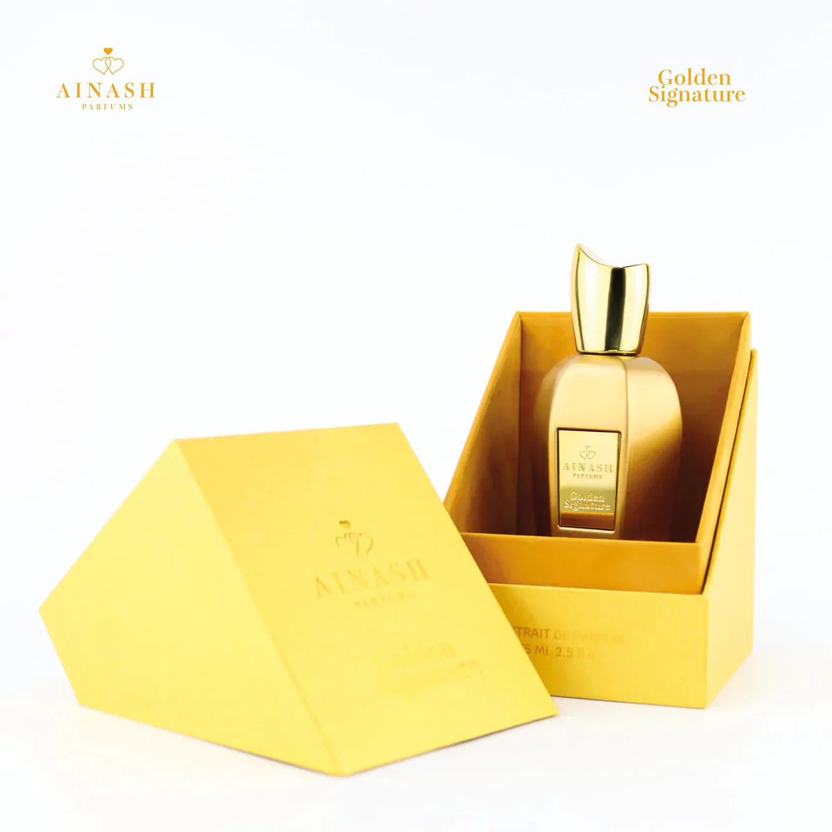 A bottle of Ainash Parfums Golden Signature 2.5 Edp L with a gold label, presented in a gold-colored box.