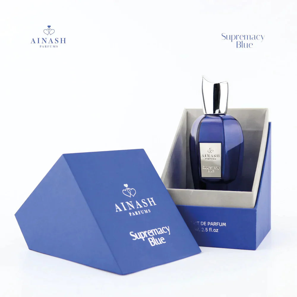Ainash Parfums Supremacy Blue perfume bottle in a blue box on a white background