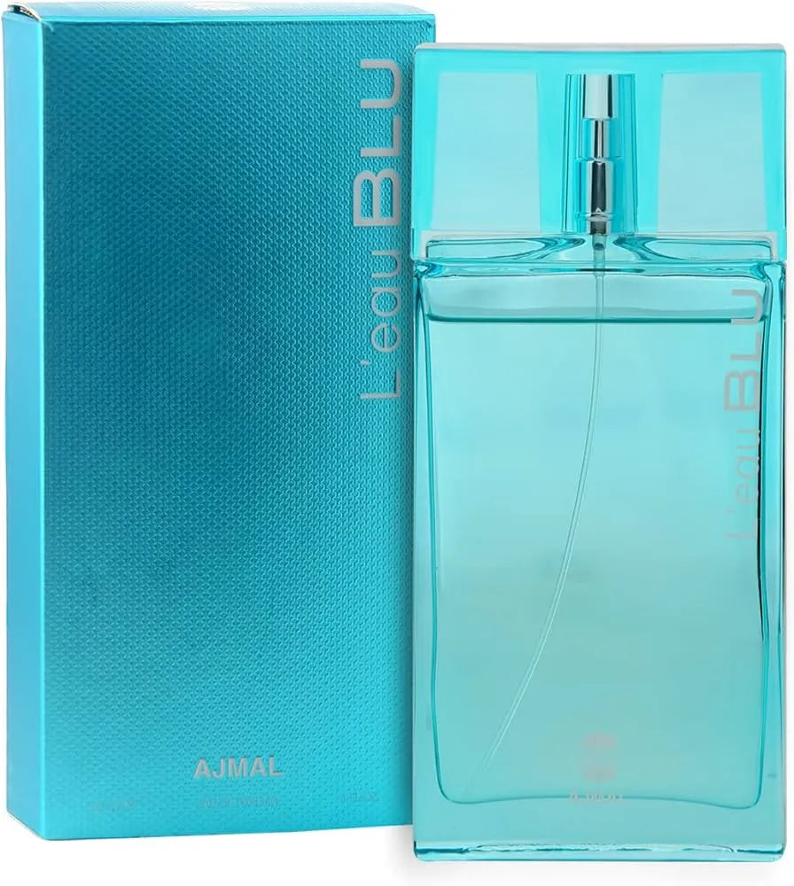 Ajmal L’Eau Blu 3.0 oz Eau de Parfum for men, fresh aquatic fragrance with citrus and woody musky notes