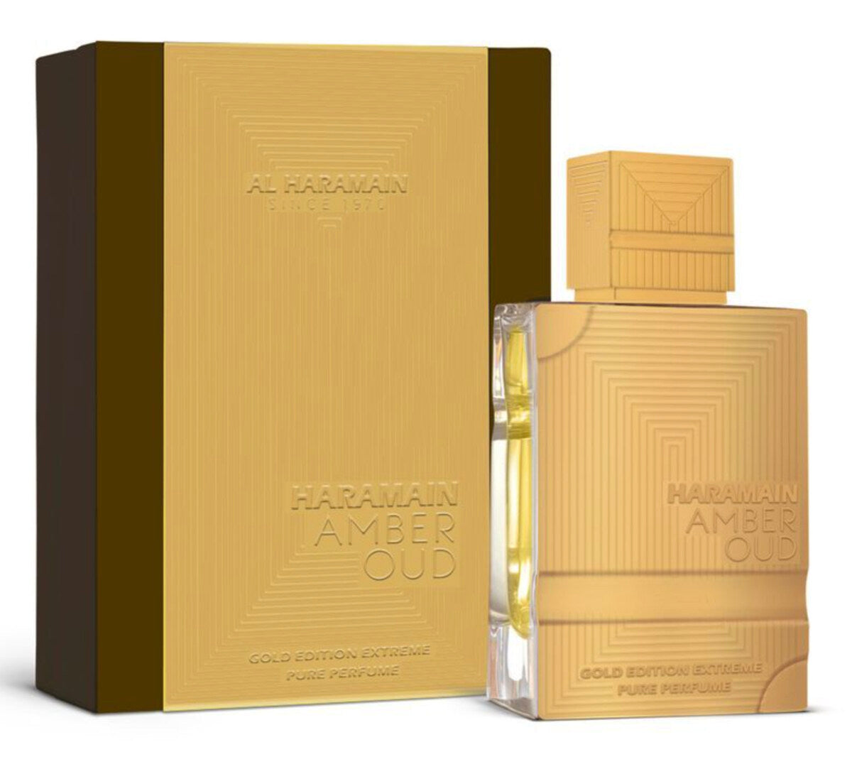 Haramain Amber Oud perfume bottle and packaging on a white background