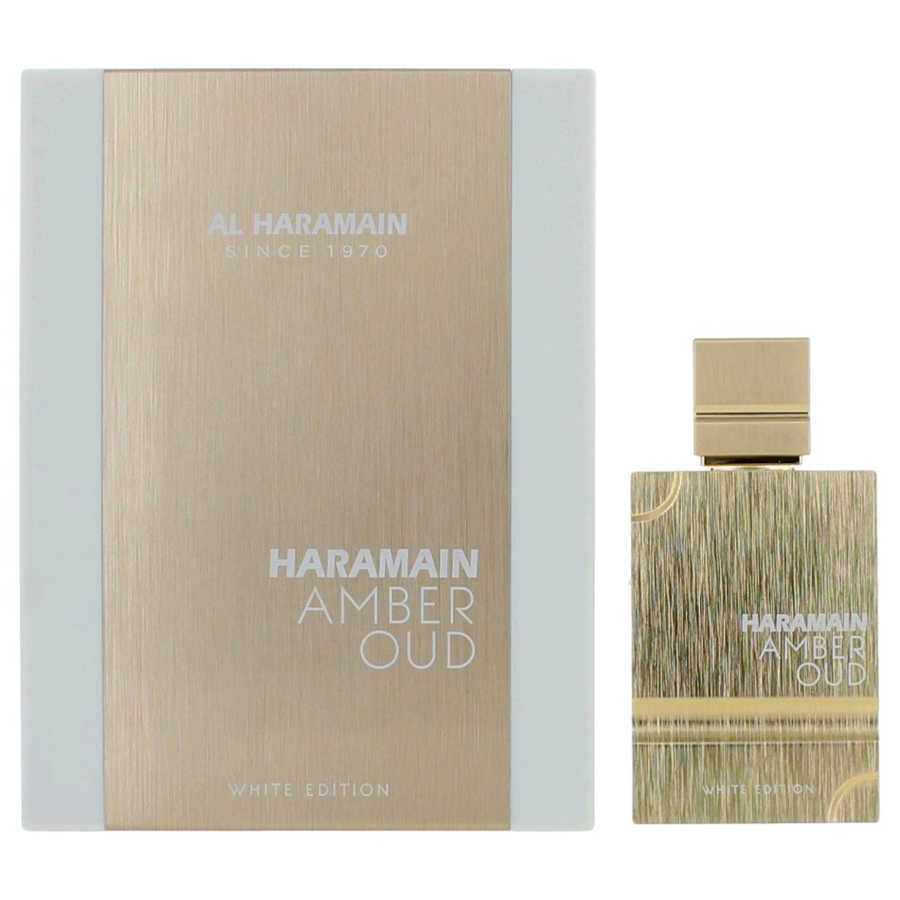 Haramain Amber Oud perfume bottle and packaging on a white background