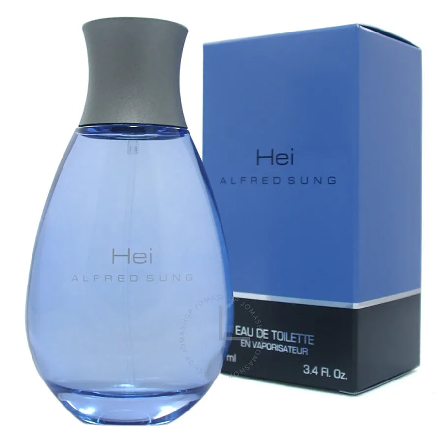 Blue perfume bottle and packaging with 'Hei' branding on a white background