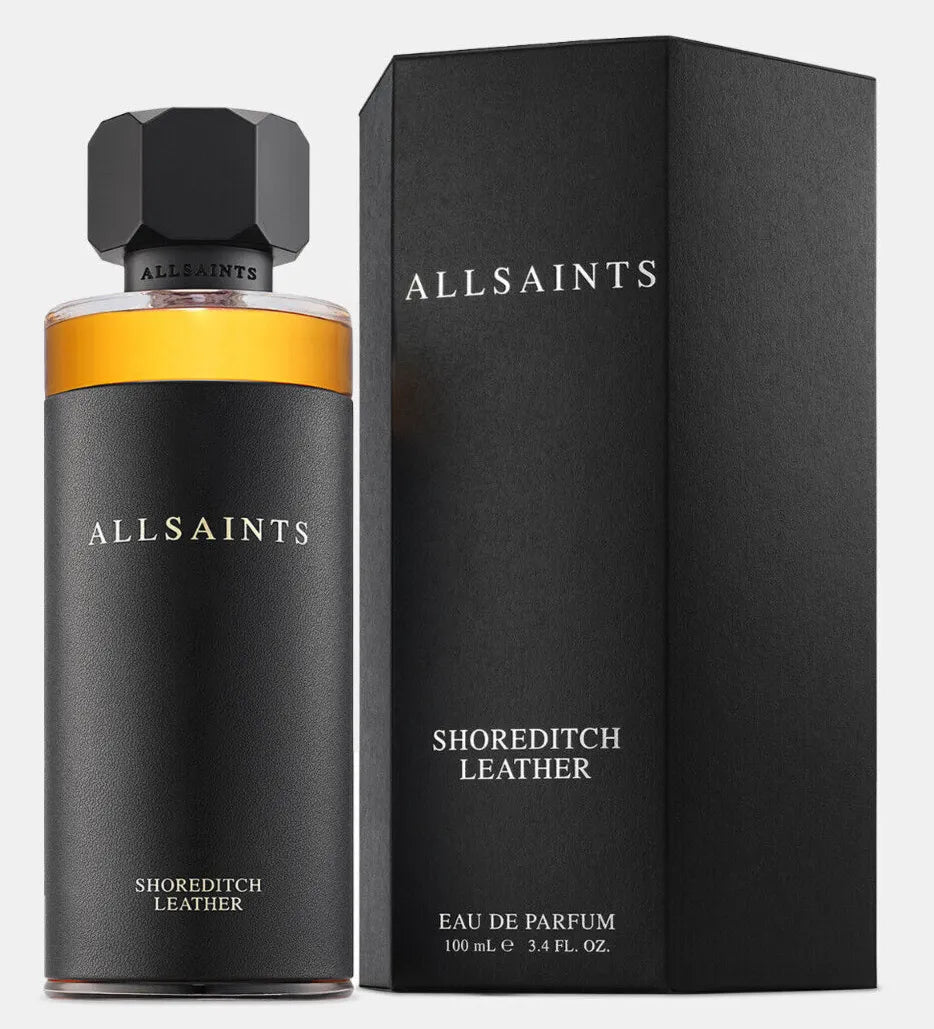 AllSaints Shoreditch Leather eau de parfum bottle and packaging on a white background