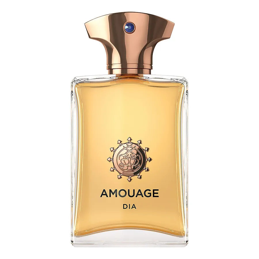 Amouage Dia perfume bottle with gold cap on a white background