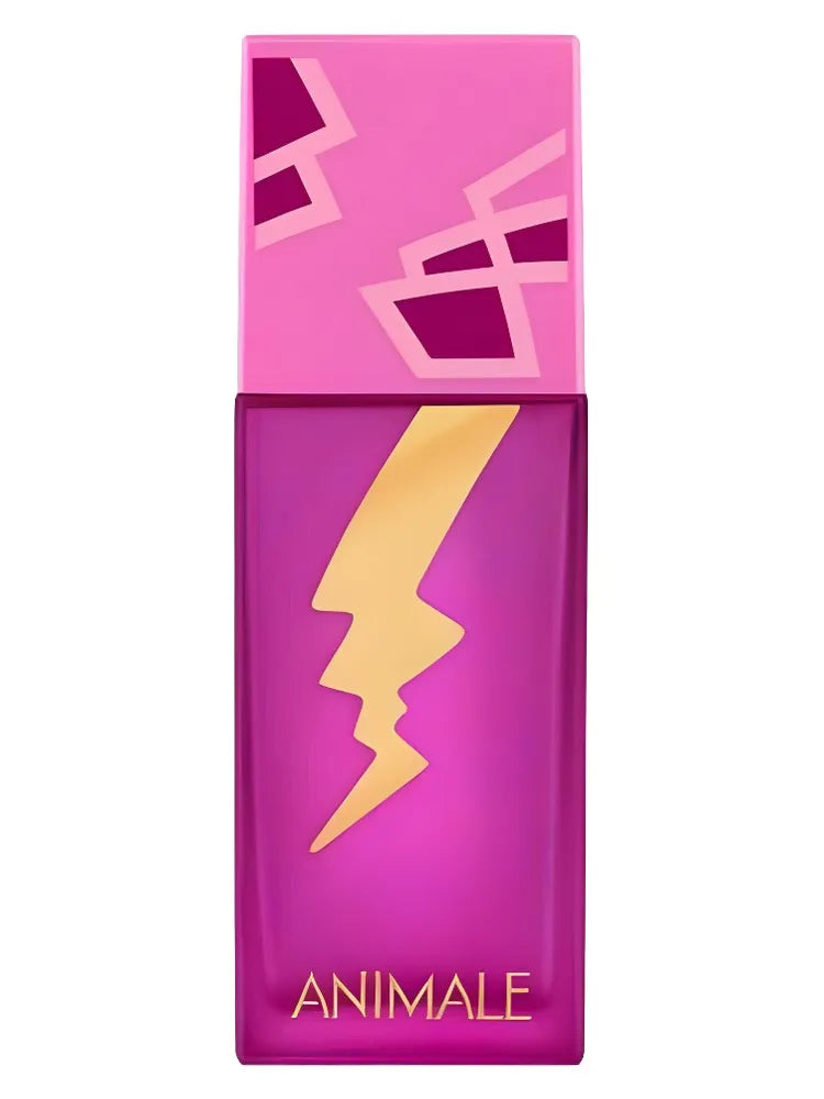 Pink and purple Animale perfume bottle with a yellow lightning bolt design on a white background
