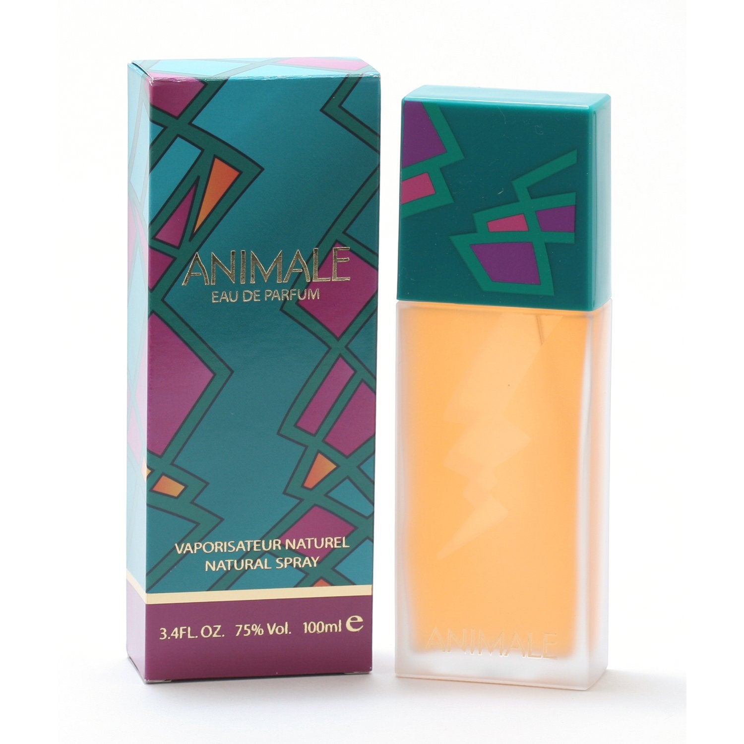 Perfume bottle and packaging with geometric design on a white background