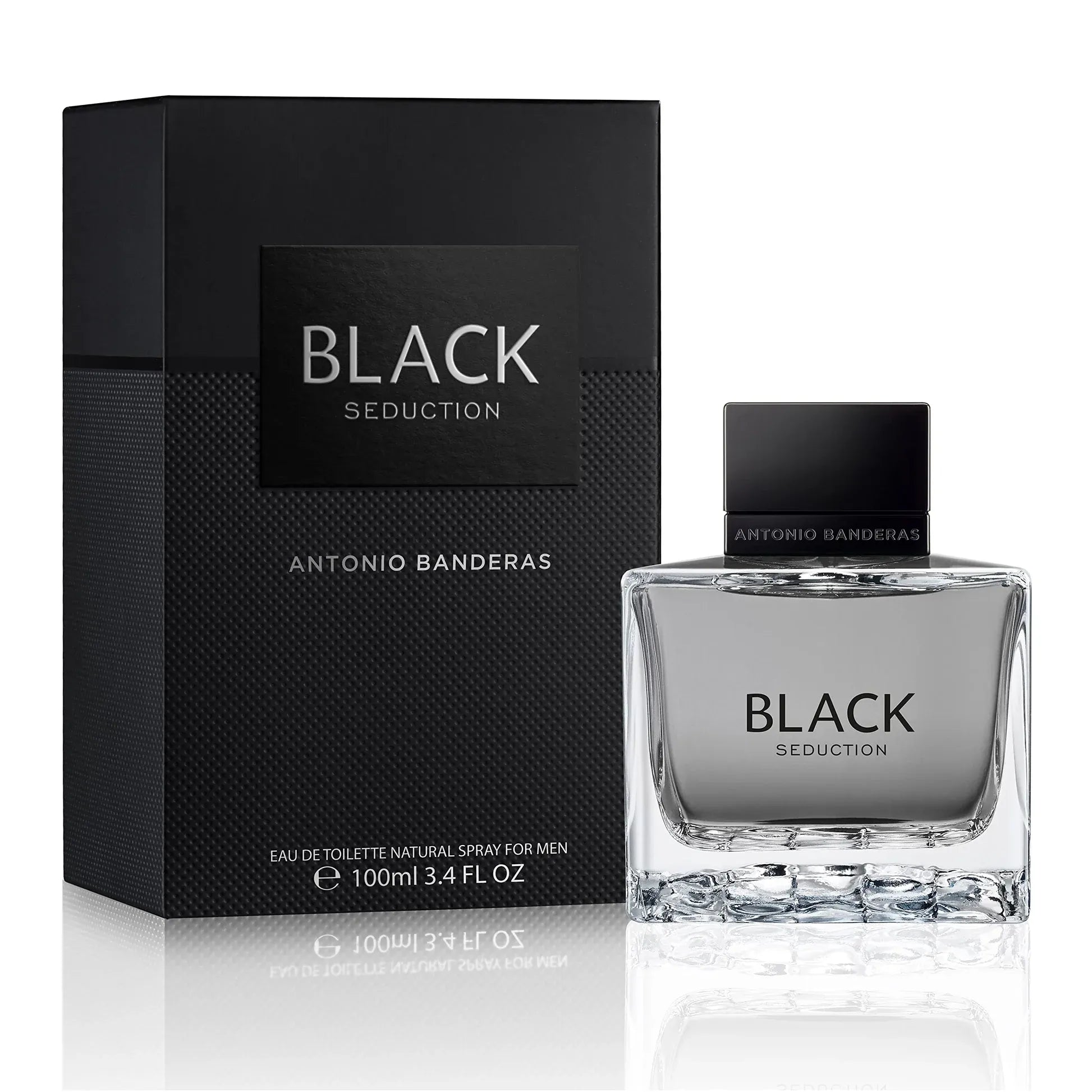 Antonio Banderas Black Seduction perfume bottle and packaging on a white background