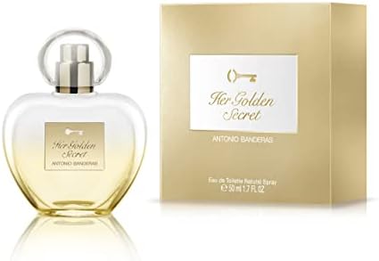 Perfume bottle and packaging of 'Her Golden Secret' by Antonio Banderas.