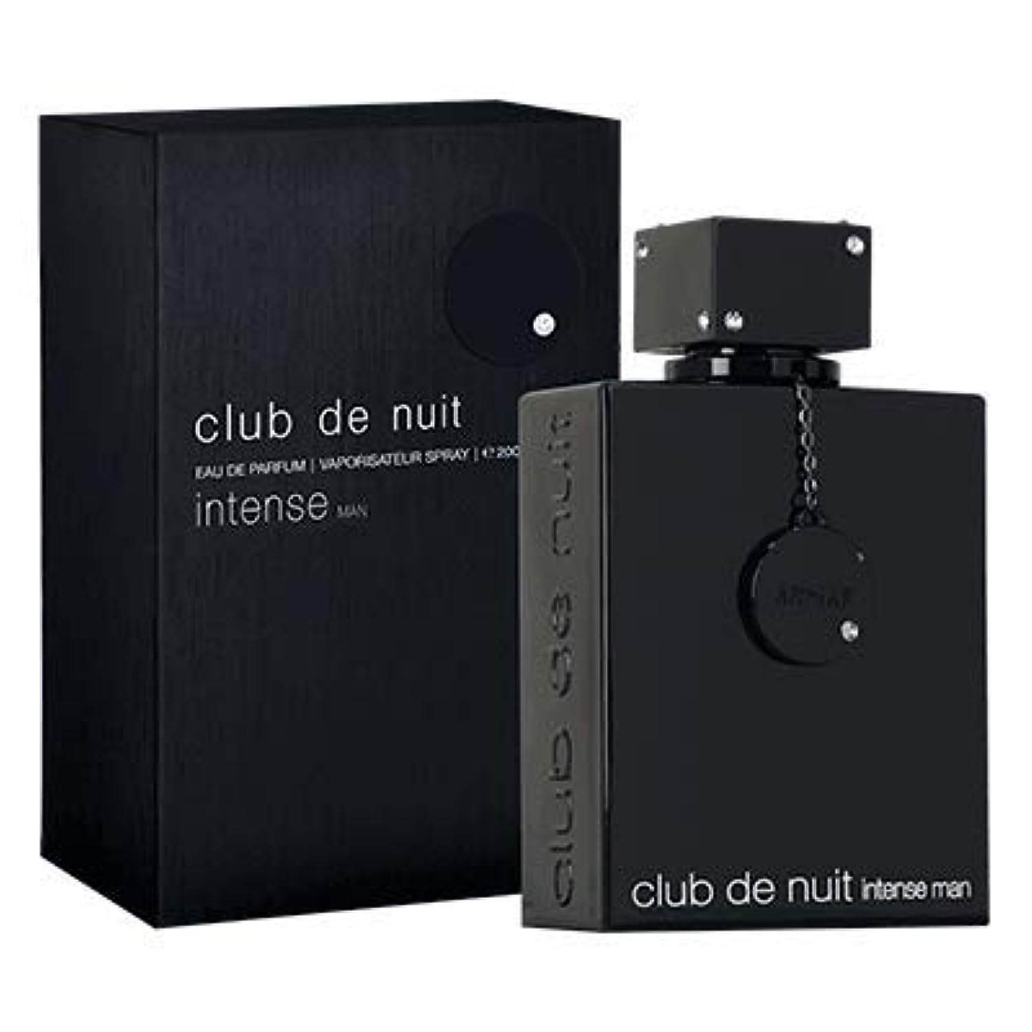 Black 'club de nuit intense' perfume bottle and packaging on a white background