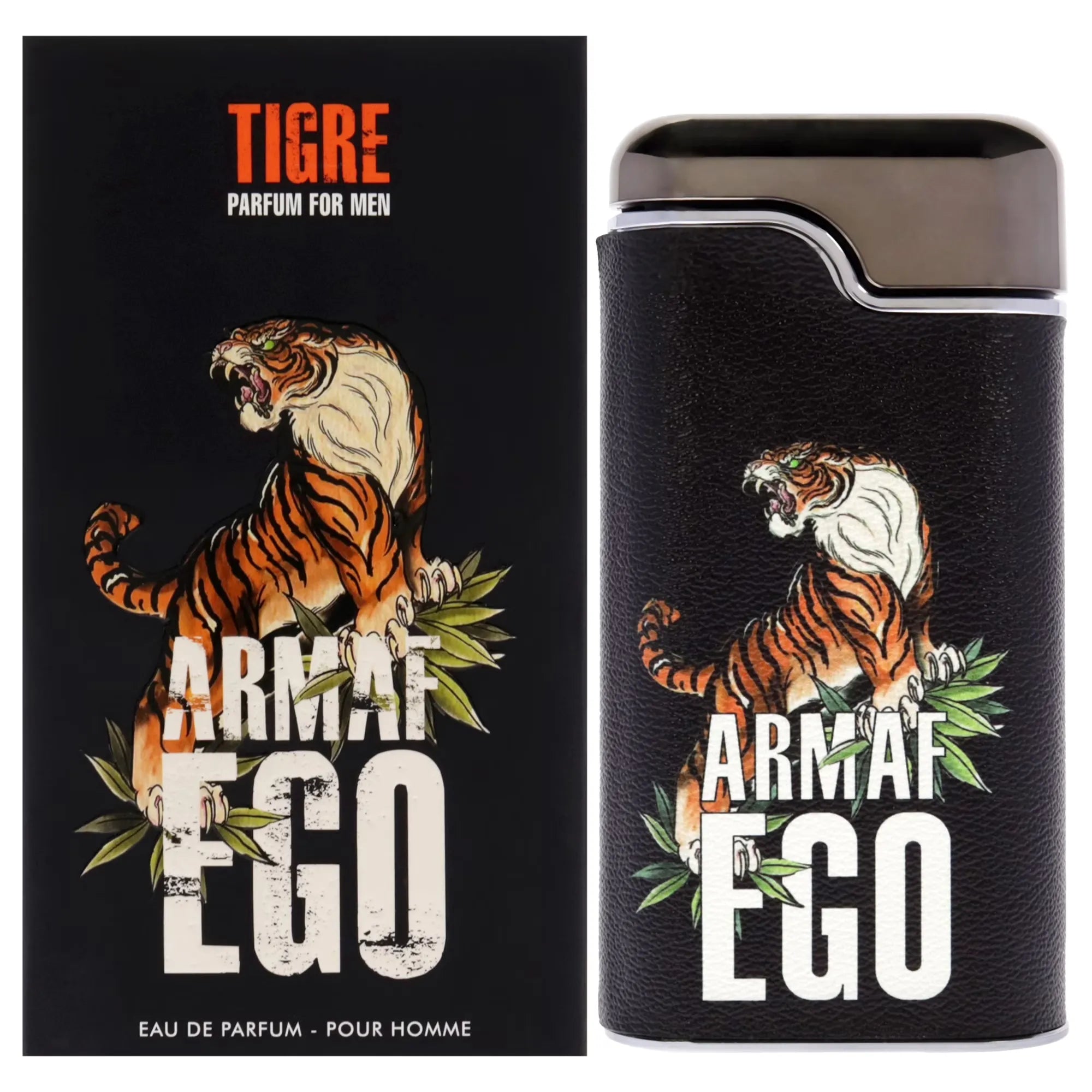 Armaf Ego Tigre 3.4 oz Eau de Parfum for men, bold masculine fragrance with fresh spice, woody depth, and musky undertones