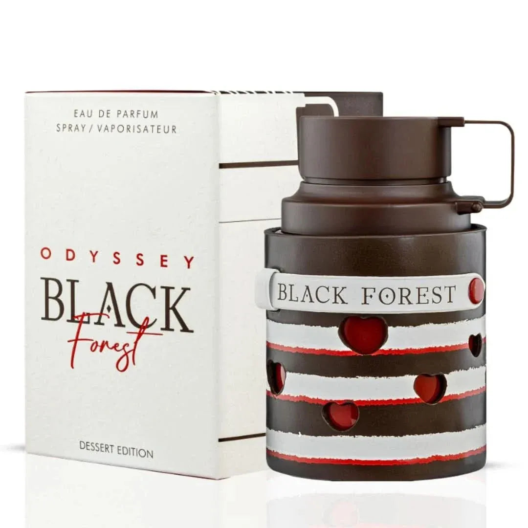 Perfume bottle with 'Black Forest' design and packaging on a white background