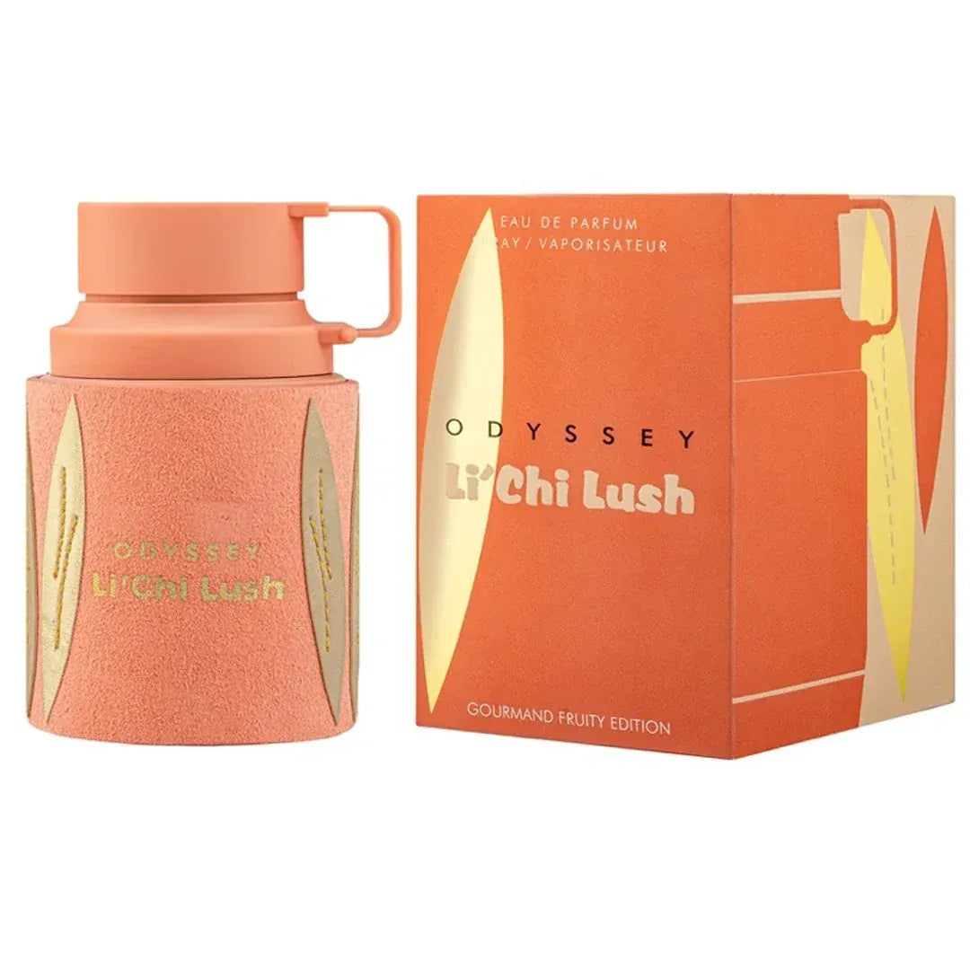 Odyssey Li Chi Lush Gourmand Fruity Edition Eau de Parfum bottle in a peachy orange color with gold accents, shown next to its matching orange and gold packaging box.