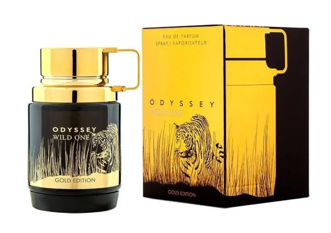 Odyssey Wild One Gold Edition perfume bottle and packaging on a white background