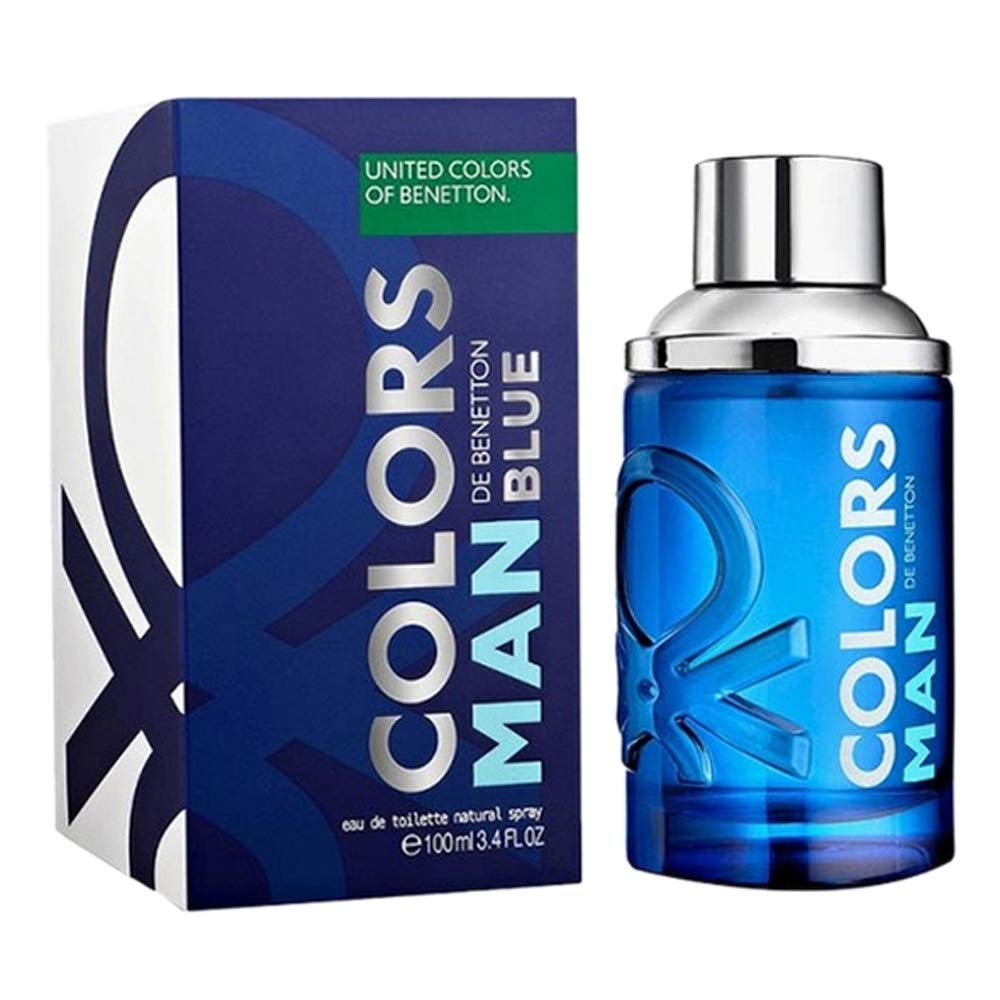 Benetton Colors Man Blue perfume bottle and packaging on a white background
