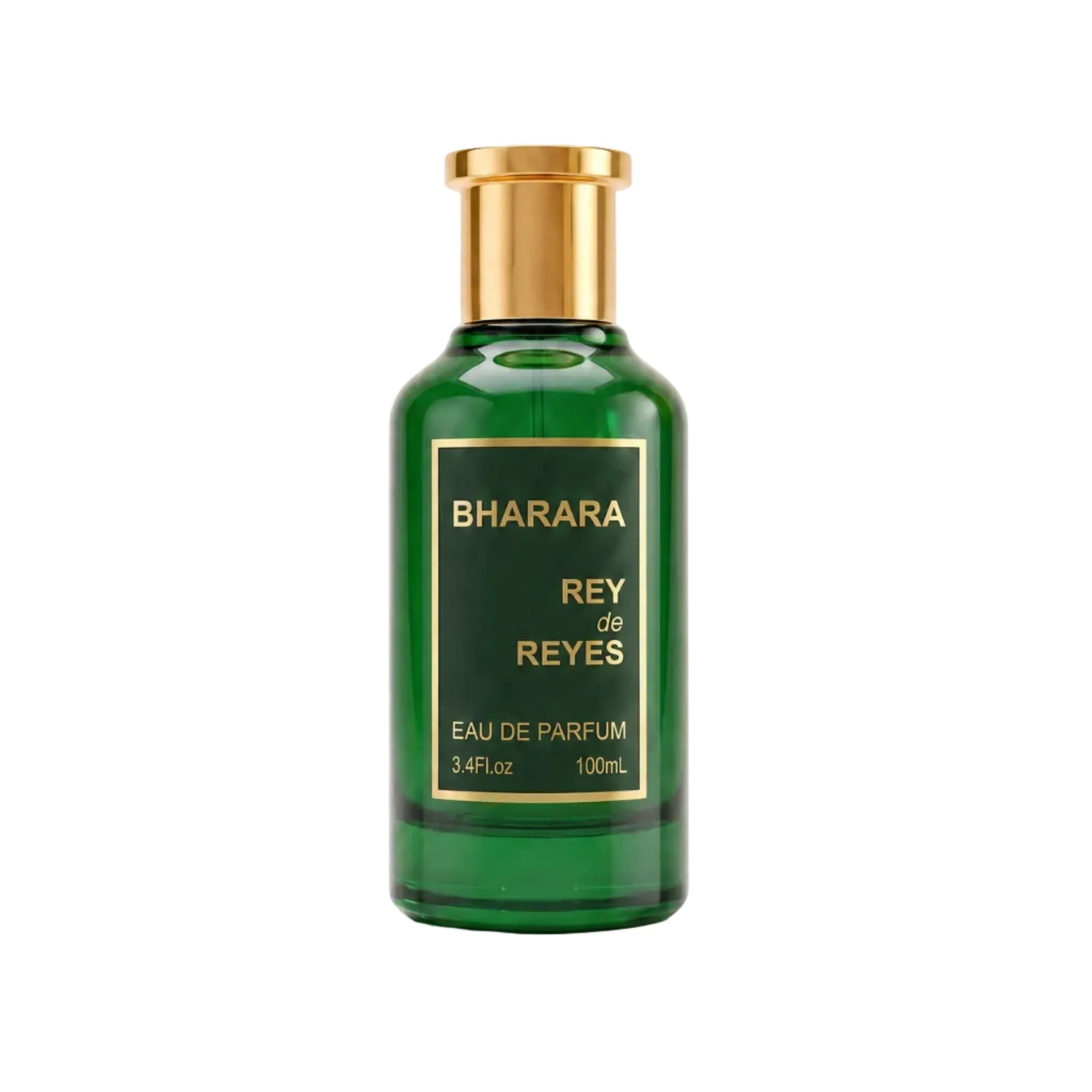 A 100ml green glass bottle of Bharara Rey de Reyes Eau de Parfum with a gold cap and gold lettering on the label, set against a plain white background.