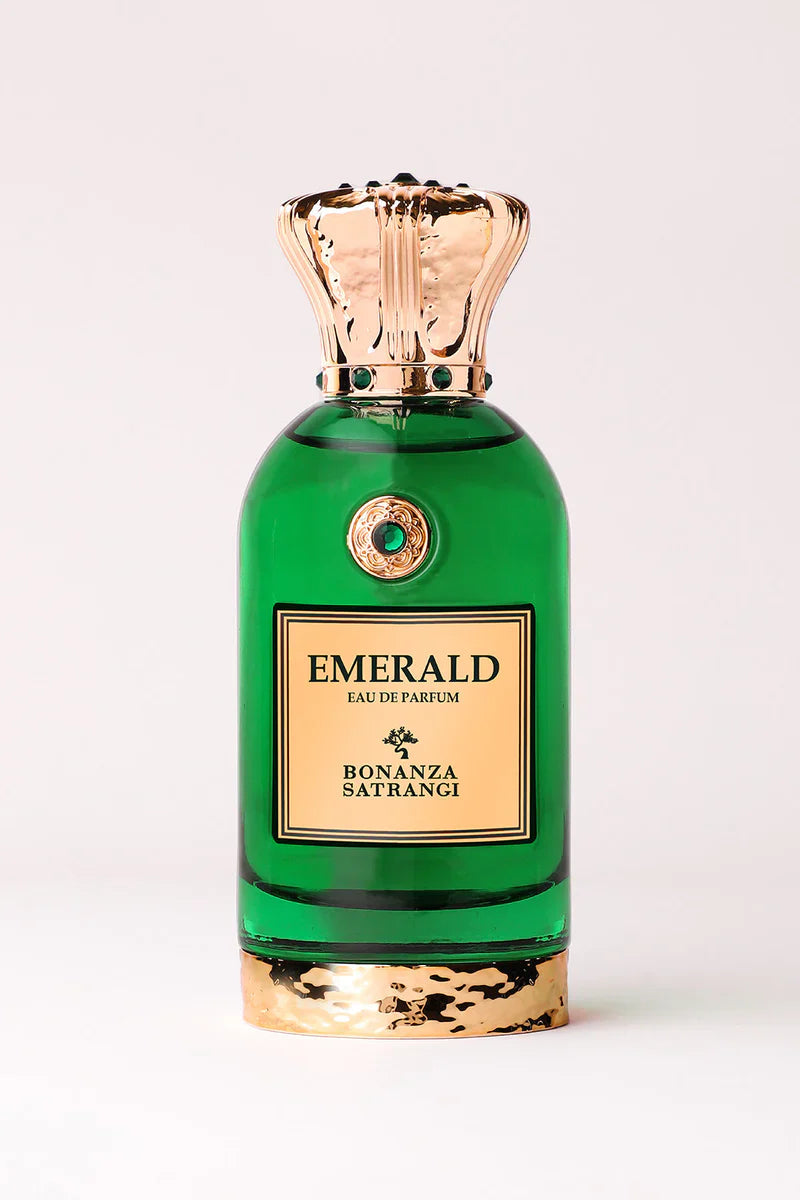 Bonanza Satrangi Emerald 3.4 EDP U – elegant unisex perfume in a sleek emerald-themed bottle, long-lasting fragrance with fresh woody floral notes.