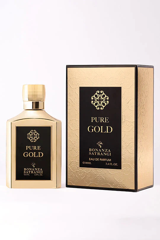 A bottle of Pure Gold fragrance by Bonanza Satrangi next to its packaging box.