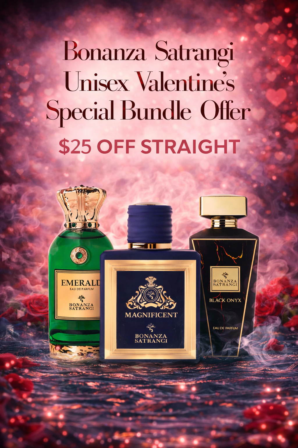 Bonanza Satrangi Unisex Valentine’s Special Bundle with Emerald, Magnificent, and Black Onyx Eau de Parfum bottles displayed on a romantic smoky background