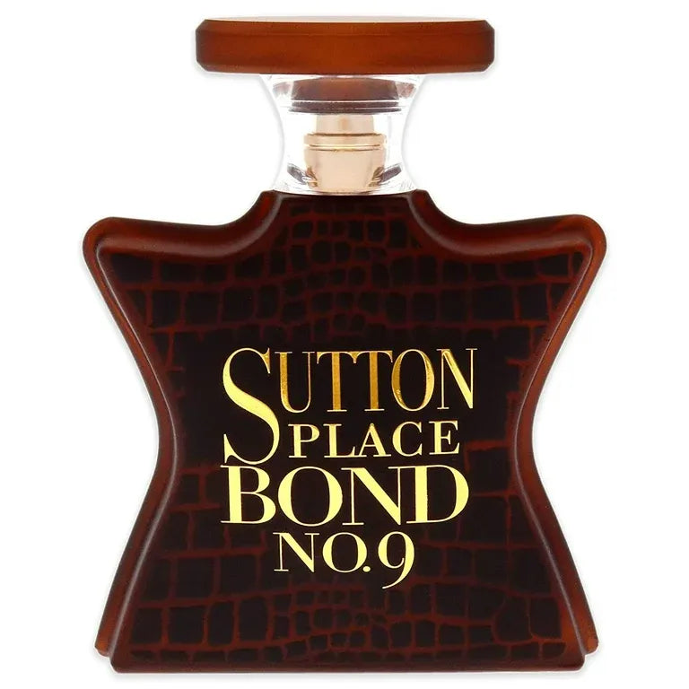 Perfume bottle labeled 'Sutton Place Bond No. 9' with brown crocodile-textured cap and label.