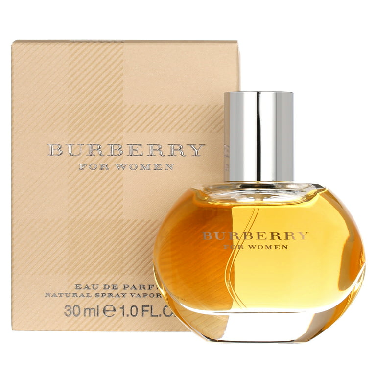 A bottle of Burberry Women's perfume with the label visible, showing the fragrance as 'L' for ladies, in a presentation box.
