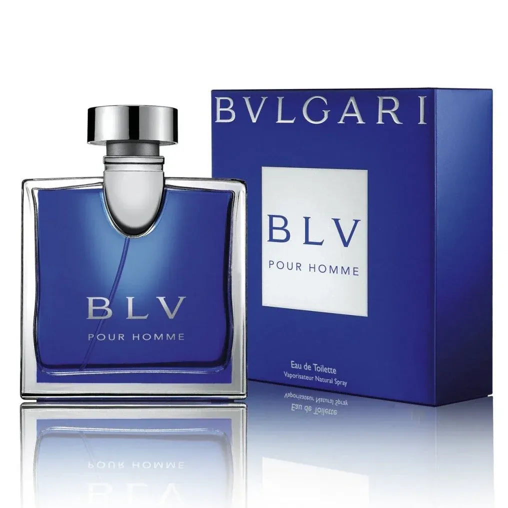 Bulgari BLV Pour Homme perfume bottle and packaging on a white background