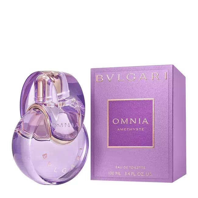 Bulgari Omnia Amethyste perfume bottle and packaging on a white background