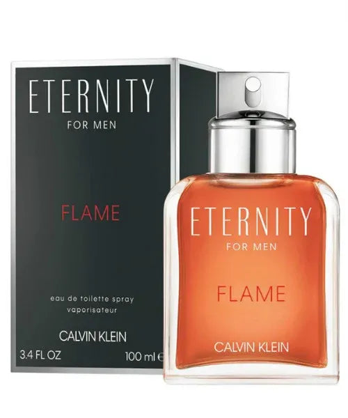 Calvin Klein Eternity Flame for men perfume bottle and packaging on a white background