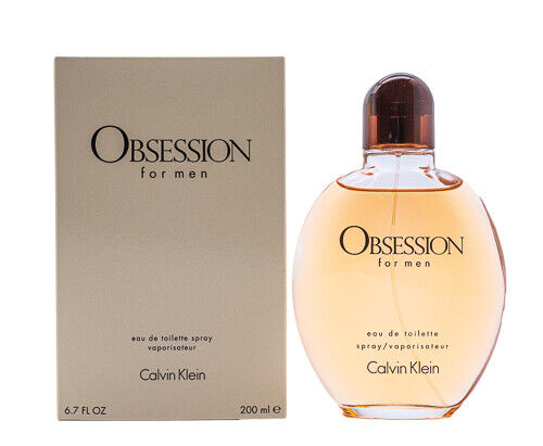 A bottle of Calvin Klein Obsession for Men eau de parfum, with the packaging box beside it. The bottle is clear and shows the amber-colored liquid inside.