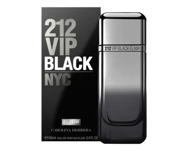 Carolina Herrera 212 VIP Black Elixir 3.4 oz Eau de Parfum for men, bold intense fragrance with spicy freshness, amber, woody, and musky notes