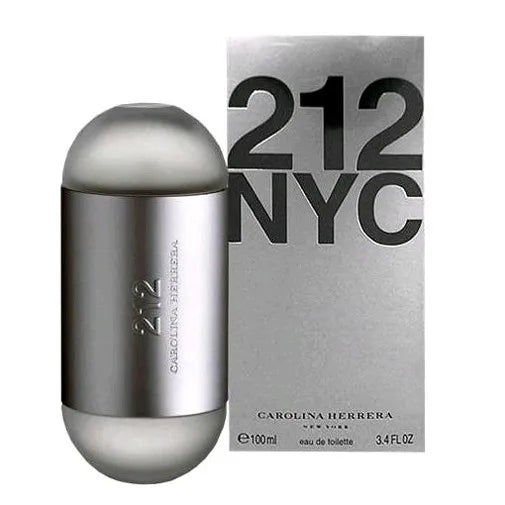 A bottle of Carolina Herrera 212 Woman perfume with the cap and packaging box, displaying the fragrance's name and volume.