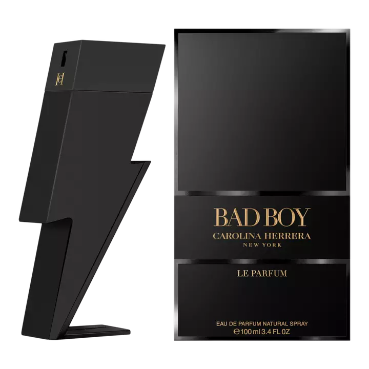 Black Carolina Herrera Bad Boy perfume bottle on a white background