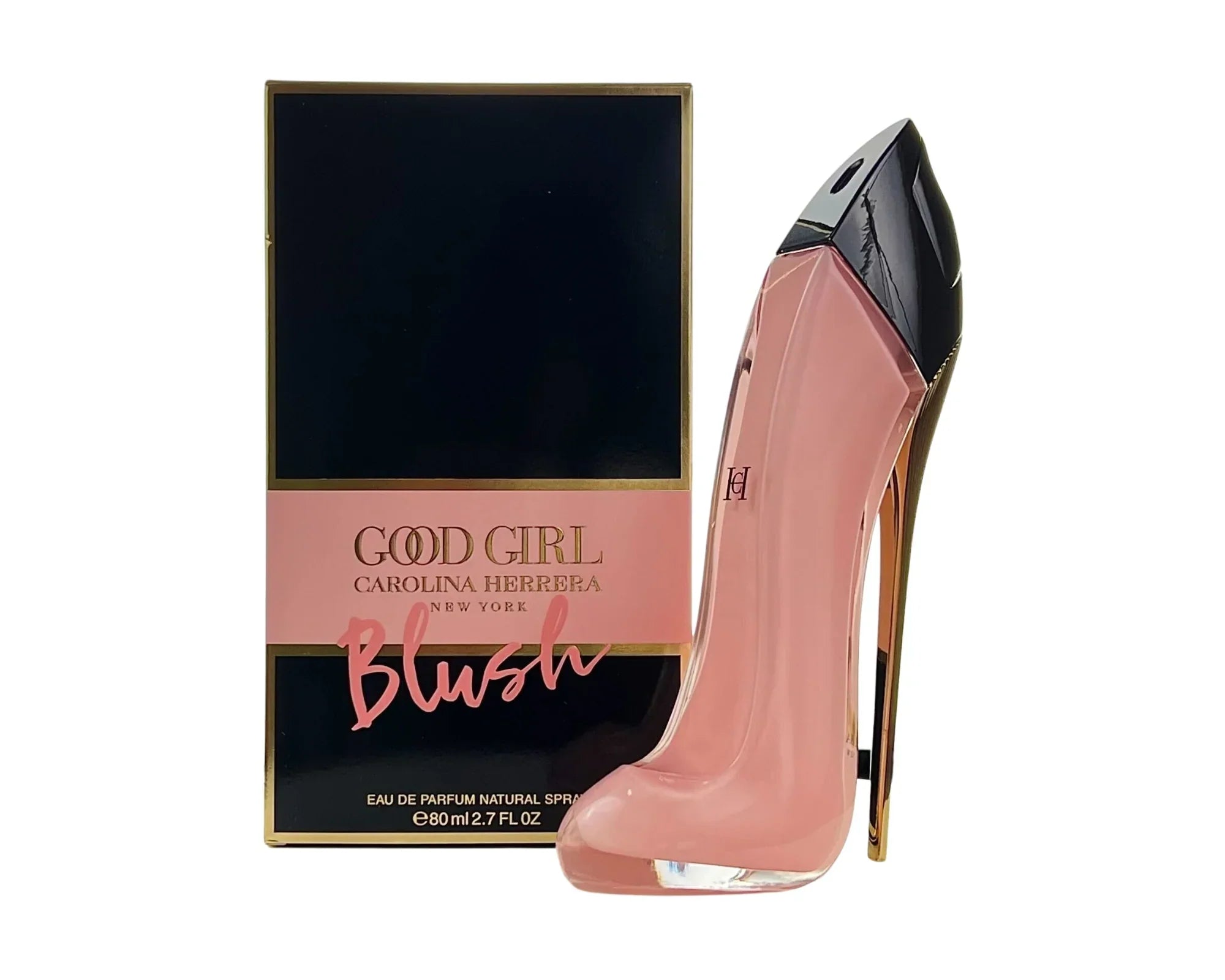 Pink high-heeled shoe and 'Godd Girl' perfume box on a white background