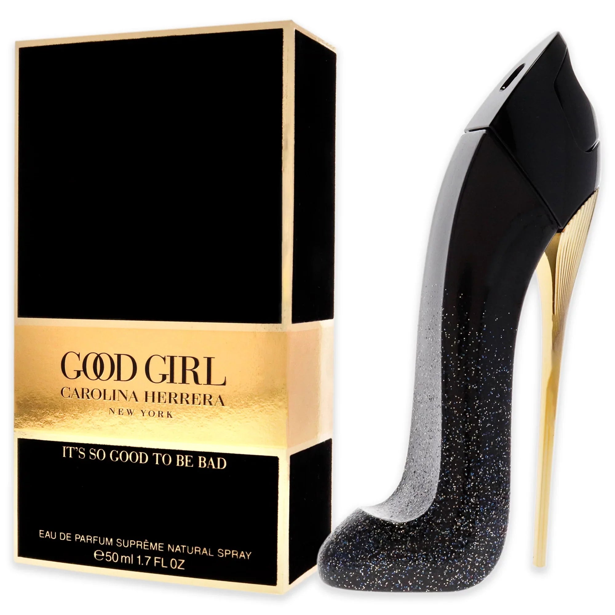 Carolina Herrera Good Girl perfume packaging and a high-heeled shoe with glittery sole.
