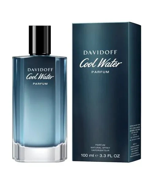 A bottle of Davidoff Cool Water Parfum next to its dark blue packaging box, set against a plain white background.